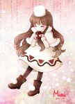  1girl bangs blush brown_hair capelet closed_eyes cocoa_cookie coffee_mug cookie_run cup danby_merong dress full_body gloves hat highres humanization long_hair long_sleeves mug open_mouth pantyhose personification solo 