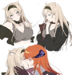  2girls animal_ears arknights bagpipe_(arknights) black_jacket blonde_hair blue_eyes closed_eyes collar dragon_horns extra_ears french_kiss grey_tank_top hand_to_own_mouth heavy_breathing hickey highres horn_(arknights) horns jacket joshua_(shisanli934) kiss leash long_hair multiple_girls multiple_views open_clothes open_jacket orange_hair simple_background sketch tank_top tongue white_background wolf_ears yuri 
