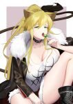  1girl absurdres animal_ears arknights artoria_pendragon_(fate) artoria_pendragon_(lancer)_(fate) bangs black_footwear black_jacket blonde_hair breasts candy choker cosplay fate/grand_order fate_(series) food fur-trimmed_jacket fur-trimmed_shorts fur_trim green_eyes hair_between_eyes highres holding holding_candy holding_food holding_lollipop jacket kawasumi_ayako knee_up large_breasts leather leather_jacket licking lion_ears lion_girl lion_tail lollipop long_hair looking_at_viewer n.e_(sakura-233) open_mouth ponytail red_shorts shorts sidelocks siege_(arknights) siege_(arknights)_(cosplay) sitting solo studded_choker swept_bangs tail tank_top thighs tongue tongue_out voice_actor_connection white_tank_top 
