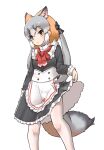  1girl alternate_costume animal_ears apron black_bow black_dress bow clothes_lift collar cowboy_shot dress dress_lift enmaided extra_ears eyebrows_visible_through_hair fox_ears fox_girl fox_tail frilled_collar frills grey_hair hair_bow highres island_fox_(kemono_friends) kemono_friends kemono_friends_3 long_hair long_sleeves maid multicolored_hair necktie official_alternate_costume orange_hair pantyhose red_necktie solo tail twintails two-tone_hair uf34a white_apron white_legwear yellow_eyes 