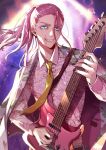  1boy bangs black_nails blue_eyes collared_shirt cowboy_shot earrings formal grin guitar hair_pulled_back highres holding holding_instrument instrument jacket jacket_on_shoulders jewelry kaya_lily long_hair looking_at_viewer male_focus necktie pink_hair pink_jacket pink_shirt pink_suit ponytail sanzu_haruchiyo scar scar_on_face shirt smile solo standing suit tokyo_revengers yellow_necktie 