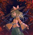 1girl :d autumn_leaves bad_id bad_pixiv_id black_headwear blouse blush bow buttons closed_eyes commentary cowboy_shot diamond_button facing_viewer frilled_shirt_collar frilled_sleeves frills from_side green_hair green_skirt hat hat_bow heart heart_of_string highres io_(io_oekaki) komeiji_koishi long_hair long_sleeves open_mouth shirt signature skirt sleeves_past_wrists smile solo third_eye touhou wide_sleeves yellow_bow yellow_shirt 