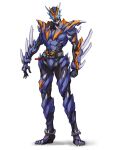  1boy absurdres belt blue_armor blue_eyes build_driver chaoslegon clenched_hand clenched_teeth cross-z_dragon dragon fire flame flame_print highres kamen_rider kamen_rider_build_(series) kamen_rider_cross-z open_hand rider_belt sharp_teeth simple_background sketch solo spikes stylistic teeth white_background 