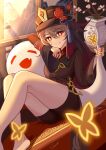  1girl absurdres blush brown_hair bug butterfly closed_eyes fang genshin_impact ghost ghost_tail hat highres hu_tao_(genshin_impact) jewelry legs long_sleeves looking_at_viewer open_mouth red_eyes ring shorts sitting smile symbol-shaped_pupils teeth twintails wide_sleeves wujingwushi 