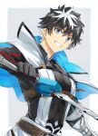  1boy absurdres belt black_hair blue_eyes capelet charlemagne_(fate) commentary_request elbow_gloves eyebrows_visible_through_hair fate/extella fate/extella_link fate/extra fate_(series) gauntlets gloves grey_background grin highres holding holding_sword holding_weapon looking_at_viewer male_focus multicolored_hair okonon_(kado_colda) simple_background single_gauntlet smile solo sword upper_body weapon white_background white_hair 