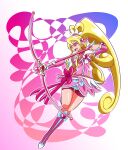  1girl absurdres aida_mana bebii blonde_hair bow_(weapon) cure_heart dokidoki!_precure dress eyelashes hair_ornament happy highres long_hair magical_girl pink_dress pink_eyes precure smile solo weapon 