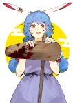  1girl :d animal_ears blood blood_splatter blue_dress blue_hair blue_nails commentary cowboy_shot dress fingernails hair_ribbon hands_up highres kine light_blush long_hair looking_at_viewer mallet nail_polish open_mouth rabbit_ears rabbit_girl red_eyes red_ribbon ribbon seiran_(touhou) smile solo suehachi_(hikage) tongue touhou upper_body 