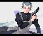  1boy alternate_costume apron archer_(pokemon) black_dress buttons closed_mouth commentary_request crossdressing delta_nonbiri dress enmaided eyelashes frown green_eyes green_hair grey_apron gun holding holding_gun holding_weapon letterboxed long_sleeves maid maid_headdress male_focus pokemon pokemon_(game) pokemon_hgss short_hair solo weapon 