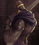  1boy armor breastplate cathedral_knight_(dark_souls) commentary dark_souls_(series) dark_souls_iii english_commentary from_behind gauntlets helmet holding holding_sword holding_weapon pauldrons shoulder_armor sleepysolaire solo sword upper_body weapon 