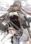  1girl arknights artist_name bangs black_skirt boots breasts brown_cape brown_footwear cape closed_mouth eyebrows_visible_through_hair fartooth_(arknights) feather_hair feet_out_of_frame gauntlets green_eyes grey_hair hair_ribbon highres holding holding_weapon long_hair looking_at_viewer parted_lips quiver ribbon shirt skirt solo standing thigh-highs thigh_boots vermilli000n visor_(armor) weapon white_shirt 