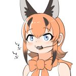  1girl animal_ears bare_shoulders black_hair blue_eyes blush bow bowtie caracal_(kemono_friends) caracal_ears cat_ears cat_girl drooling extra_ears highres kemono_friends kemono_friends_v_project mcgunngu microphone multicolored_hair orange_bow orange_bowtie orange_hair shirt short_hair sidelocks sleeveless solo sucking translation_request white_shirt 