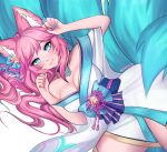  1girl ahri_(league_of_legends) animal_ear_fluff animal_ears artist_name bare_shoulders bell blue-eyes_white_dragon blue_bow blue_eyes blue_nails blue_tail blush bow closed_mouth collarbone eyebrows_visible_through_hair eyelashes facial_mark fangs fangs_out fingernails fox_ears fox_girl fox_tail hair_bell hair_bow hair_ornament highres japanese_clothes kimono kitsune league_of_legends long_eyelashes long_fingernails long_hair multiple_tails ny4ncy paw_pose pink_hair sharp_fingernails slit_pupils smile solo spirit_blossom_(league_of_legends) spirit_blossom_ahri tail very_long_fingernails whisker_markings 