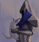  1boy :p animal armor artorias_the_abysswalker breastplate dark_souls_(series) dark_souls_i dog gauntlets great_grey_wolf_sif helmet highres holding holding_animal holding_dog pauldrons plume puppy shoulder_armor sleepysolaire tail tail_wagging tongue tongue_out wolf younger 
