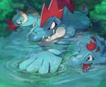 black_eyes claws closed_mouth commentary_request croconaw evolutionary_line feraligatr gara_(qbeuxvii22) highres no_humans open_mouth pokemon pokemon_(creature) ripples swimming totodile water 