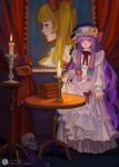  1girl blonde_hair bow candle candlelight candlestand capelet crescent crescent_hat_ornament dress flandre_scarlet frilled_capelet frilled_dress frilled_shirt_collar frills hair_bow hat hat_ornament hat_ribbon holding holding_clothes holding_skirt kyokoyouyou long_dress long_hair mob_cap patchouli_knowledge portrait purple_hair red_eyes red_ribbon ribbon shirt short_hair side_ponytail skirt skull solo touhou very_long_hair violet_eyes yellow_bow 