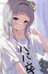  1girl absurdres bangs blunt_bangs blush collarbone highres hololive long_hair looking_at_viewer mei_am0 murasaki_shion oversized_clothes oversized_shirt shirt solo virtual_youtuber yellow_eyes 