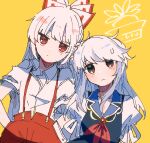  2girls :| bangs blunt_bangs bow closed_mouth collared_shirt dot_nose expressionless eyebrows_behind_hair fujiwara_no_mokou hair_bow half_updo hands_in_pockets hatching_(texture) head_tilt high-waist_pants itomugi-kun kamishirasawa_keine light_blue_hair light_frown linear_hatching long_hair looking_at_viewer multicolored_hair multiple_girls neckerchief no_hat no_headwear pants puffy_short_sleeves puffy_sleeves red_eyes red_neckerchief red_pants shirt shirt_tucked_in short_sleeves side-by-side simple_background staring straight-on streaked_hair suspenders sweat torn_clothes torn_sleeves touhou upper_body white_bow white_hair white_shirt wing_collar wrist_cuffs yellow_background 