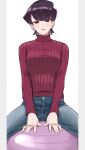  1girl :d ayatak0517 ball bangs black_eyes black_hair breasts denim exercise_ball eyebrows_visible_through_hair highres jeans komi-san_wa_komyushou_desu komi_shuuko looking_at_viewer pants short_hair sitting smile solo sweater teeth 