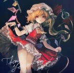  1girl ascot blonde_hair crystal dark_background flandre_scarlet frilled_shirt_collar frills hat hat_ribbon kyogoku-uru laevatein_(touhou) lifted_by_self light_smile looking_at_viewer mob_cap parted_lips petticoat puffy_short_sleeves puffy_sleeves red_eyes red_ribbon red_skirt red_vest ribbon shirt short_sleeves simple_background skirt skirt_set solo thighs touhou vest wings 