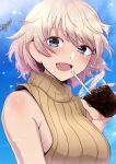  1girl alternate_costume bare_shoulders blonde_hair blue_eyes blurry blush bokeh breasts cup depth_of_field disposable_cup drinking_straw highres liar_lawyer looking_at_viewer medium_breasts raisa_pottgen ribbed_sweater short_hair smile solo strike_witches sweater turtleneck upper_body world_witches_series 