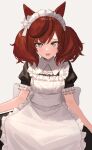  1girl :d alternate_costume animal_ears apron bangs blush brown_hair chorefuji collared_dress dress enmaided eyebrows_visible_through_hair frills grey_eyes highres horse_ears looking_at_viewer maid maid_headdress multicolored_hair nice_nature_(umamusume) open_mouth raised_eyebrows short_sleeves simple_background smile solo streaked_hair tongue twintails umamusume white_apron white_background 