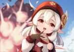  1girl :d absurdres ahoge bangs blue_sky blurry brown_gloves brown_scarf cabbie_hat chunian_and_(user_asmj8822) clouds cloudy_sky clover_print coat commentary_request depth_of_field explosive eyebrows_visible_through_hair genshin_impact gloves grey_hair hair_between_eyes hat hat_feather hat_ornament highres klee_(genshin_impact) long_hair long_sleeves looking_at_viewer low_twintails pointy_ears red_coat red_eyes red_headwear scarf sidelocks sky smile solo twintails 