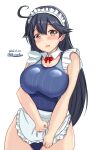  1girl ahoge apron black_hair blue_swimsuit blush breasts brown_eyes competition_swimsuit dated detached_collar eyebrows_visible_through_hair hair_between_eyes highres kantai_collection large_breasts long_hair looking_at_viewer maid_headdress montemasa one-hour_drawing_challenge one-piece_swimsuit open_mouth signature simple_background solo swimsuit swimsuit_under_clothes twitter_username ushio_(kancolle) waist_apron white_background 