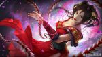  1girl absurdres arm_guards black_hair chi_lian_(qin_shi_ming_yue) chi_lian_qiju_zhu dress expressions highres multicolored_background outstretched_hand petals qin_shi_ming_yue red_dress red_lips solo upper_body whip 