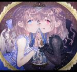  2girls album_cover black_dress black_ribbon blue_dress blue_eyes blue_ribbon braid brown_hair cover cover_image crown_braid dress fang from_side haduki_tohru hair_behind_ear hair_ribbon highres holding_hands jewelry letterboxed long_hair looking_at_viewer multiple_girls one_eye_closed original pink_eyes ribbon ring skin_fang smile textless tongue tongue_out 