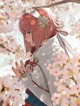  1girl blurry blush branch cherry_blossoms depth_of_field eyebrows_visible_through_hair fire_emblem fire_emblem_fates full-face_blush hairband highres japanese_clothes looking_to_the_side namesake object_namesake own_hands_together petals pink_hair red_eyes sakura_(fire_emblem) short_hair solo steepled_fingers tree twitter_username ushiomi white_hairband 