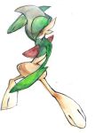  closed_mouth commentary_request frown full_body gallade gara_(qbeuxvii22) highres legs_apart orange_eyes painting_(medium) pokemon pokemon_(creature) solo traditional_media watercolor_(medium) white_background 