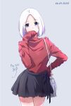  1girl bag black_skirt blue_eyes bob_cut dated gradient_hair grey_background hand_on_hip hand_up handbag highres long_sleeves looking_at_viewer multicolored_hair nii_manabu original red_sweater short_hair signature simple_background skirt solo standing sweater turtleneck turtleneck_sweater white_hair 