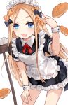  1girl abigail_williams_(fate) alternate_costume apron asle bangs black_bow black_dress blonde_hair blue_eyes blush bow breasts dress enmaided fate/grand_order fate_(series) food forehead hair_bow highres long_hair looking_at_viewer maid maid_headdress multiple_bows open_mouth orange_bow pancake parted_bangs polka_dot polka_dot_bow small_breasts smile solo white_apron 