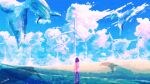  1girl aoi_minato_(aoiminato_ship) black_hair blue_sky chromatic_aberration clouds flying from_behind full_body highres hill light_particles original pants scenery shadow signature sky solo standing traditional_media whale wheat_field windmill 