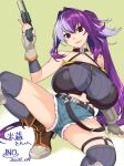  1girl arm_support bangs bare_shoulders belt boots breasts collarbone commentary_request commission dated denim denim_shorts gloves grey_legwear gun hair_between_eyes halterneck handgun holding holding_gun holding_weapon huge_breasts ino_(magloid) light_purple_hair long_hair micro_shorts midriff multicolored_hair navel original parted_lips pistol ponytail purple_hair red_eyes revolver shorts sidelocks signature skeb_commission spread_legs strapless thigh-highs thighs trigger_discipline tube_top two-tone_hair very_long_hair weapon 