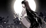 1girl black_hair branch buttons cape closed_mouth commentary expressionless facing_to_the_side flower frilled_sleeves frills from_side full_moon fur-trimmed_cape fur_trim glowing grass grey_cape highres holding holding_branch houraisan_kaguya jeweled_branch_of_hourai kagari6496 long_hair long_sleeves looking_down moon pink_eyes pink_shirt red_skirt shirt skirt solo touhou very_long_hair wide_sleeves