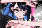  1girl black-framed_eyewear black_hair blue_hair choker close-up glasses highres indie_virtual_youtuber kson multicolored_hair short_hair sketch solo souchou sword tngkbmarlonqt two-tone_hair violet_eyes virtual_youtuber weapon 