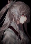  1girl black_background bow closed_mouth collared_shirt commentary expressionless eyebrows_behind_hair facing_to_the_side from_side fujiwara_no_mokou grey_hair hair_bow highres long_hair looking_afar ponytail red_eyes shirt simple_background solo suehachi_(hikage) suspenders touhou upper_body white_bow white_shirt 