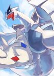  absurdres black_eyes clouds commentary_request day flying from_below gara_(qbeuxvii22) highres lugia no_humans open_mouth outdoors pokemon pokemon_(creature) sky togekiss tongue 