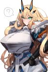  1girl armor bangs blonde_hair breastplate breasts fairy_knight_gawain_(fate) fate/grand_order fate_(series) faulds gauntlets green_eyes highres horns large_breasts long_hair looking_at_viewer pauldrons shiroshisu shoulder_armor solo 