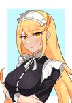  1girl absurdres bangs blonde_hair breasts earrings eyebrows_visible_through_hair highres jewelry large_breasts long_hair maid maid_headdress mythra_(xenoblade) reason3_s solo swept_bangs very_long_hair xenoblade_chronicles_(series) xenoblade_chronicles_2 yellow_eyes 
