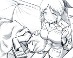  2girls black_bow blush bow brave_witches breasts freckles greyscale hand_on_another&#039;s_head highres holding holding_eyewear jacket katharine_ohare lap_pillow large_breasts liar_lawyer monochrome multiple_girls sketch sleeping smile strike_witches uniform ursula_hartmann world_witches_series 