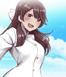  1girl blue_sky blush bow brave_witches brown_hair clouds from_below hair_bow highres jacket karibuchi_takami liar_lawyer long_hair sidelocks sky smile solo teeth tongue uniform upper_teeth white_bow white_jacket world_witches_series 