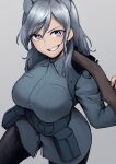  1girl animal_ear_fluff aurora_e._juutilainen blue_jacket breasts dutch_angle grey_background grey_hair gun highres jacket large_breasts leggings liar_lawyer looking_at_viewer over_shoulder pouch rifle sidelocks smirk solo strike_witches uniform violet_eyes weapon weapon_over_shoulder world_witches_series 