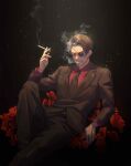  1boy absurdres black_background black_footwear black_jacket black_pants eyepatch highres jacket kurono_233 lying mafia majima_gorou male_focus necktie on_back one-eyed pants red_shirt ryuu_ga_gotoku ryuu_ga_gotoku_4 shirt simple_background smoke smoke_trail smoking yakuza 