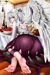  1girl angel_wings barefoot braid elcid_company feathered_wings french_braid highres kishin_sagume panties pantyshot purple_skirt red_eyes single_wing skirt solo touhou underwear white_hair white_wings wings 