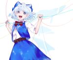  1girl :d ahoge bangs belt belt_buckle blue_bow blue_eyes blue_hair blue_nails blue_skirt blue_vest bow bowtie buckle cirno cowboy_shot fingernails floating_hair hair_bow hands_up highres holding holding_string ice ice_wings looking_at_viewer nail_polish red_bow red_bowtie shirt short_hair simple_background skirt skirt_set smile solo string suehachi_(hikage) swept_bangs teeth tongue touhou upper_teeth vest white_background white_shirt wings 