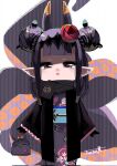  1girl :d black_kimono chibi coin_purse commentary double_bun flower hair_flower hair_ornament highres hololive hololive_english japanese_clothes kimono ninomae_ina&#039;nis open_mouth pointy_ears purple_hair sketch smile tako_(ninomae_ina&#039;nis) tngkbmarlonqt violet_eyes virtual_youtuber 