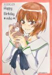  1girl bangs black_neckerchief blouse boko_(girls_und_panzer) brown_eyes brown_hair character_name closed_mouth dated english_text eyebrows_visible_through_hair girls_und_panzer happy_birthday holding holding_stuffed_toy long_sleeves looking_at_viewer marker_(medium) neckerchief nishizumi_miho ooarai_school_uniform sailor_collar sawamaru30 school_uniform serafuku shirt short_hair smile solo stuffed_animal stuffed_toy teddy_bear traditional_media twitter_username upper_body white_sailor_collar white_shirt 