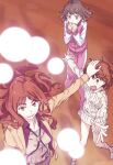  3girls action attack blush breasts brown_eyes brown_hair colorized commentary covering_mouth energy energy_ball esper eyebrows_visible_through_hair fantasy feet_out_of_frame from_above full_body gazing_eye glowing haimura_kiyotaka hands_up height_difference highres indoors kinuhata_saiai kneehighs large_breasts light_blush long_hair long_sleeves looking_at_another looking_away medium_hair mugino_shizuri multiple_girls novel_illustration official_art open_mouth outstretched_arm outstretched_arms pants pink_pants psychic science_fiction shiny shiny_hair smile socks spoilers sweater takitsubo_rikou teeth thighs toaru_majutsu_no_index toaru_majutsu_no_index:_new_testament v-shaped_eyebrows white_footwear white_sleeves 